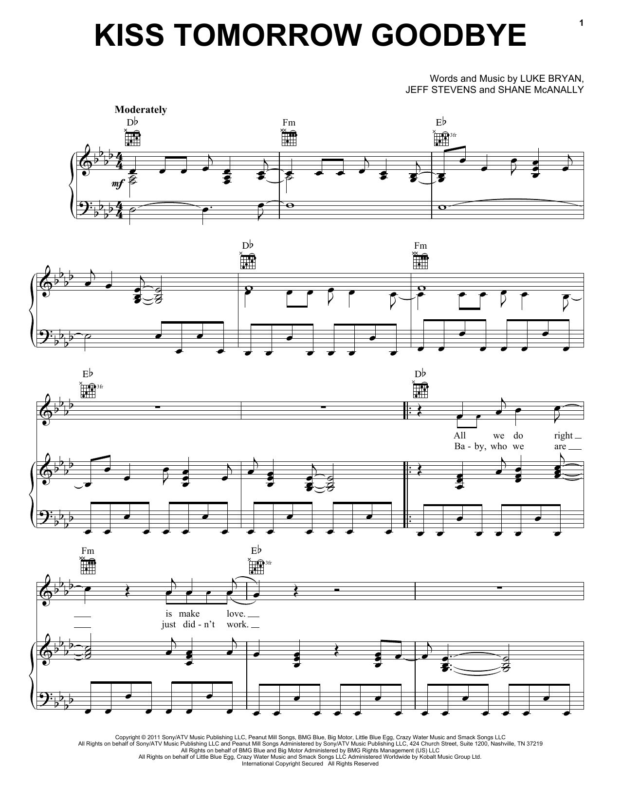 Luke Bryan Kiss Tomorrow Goodbye Sheet Music Notes & Chords for Easy Piano - Download or Print PDF