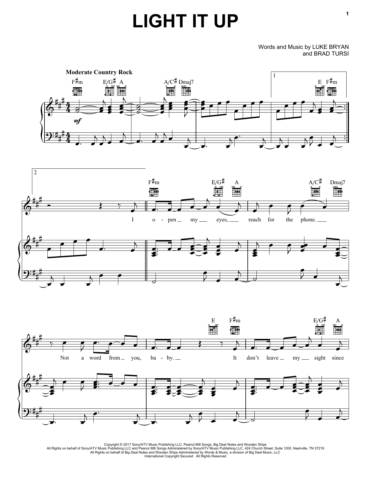 Luke Bryan Light It Up Sheet Music Notes & Chords for Piano, Vocal & Guitar (Right-Hand Melody) - Download or Print PDF
