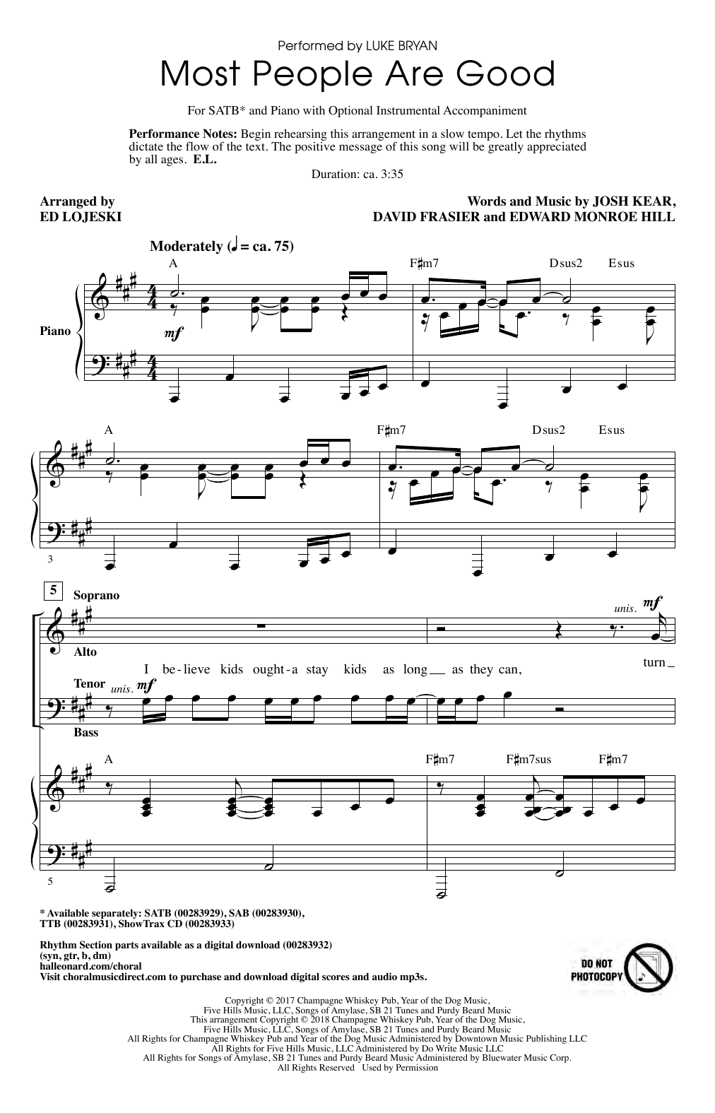 Luke Bryan Most People Are Good (arr. Ed Lojeski) Sheet Music Notes & Chords for SATB Choir - Download or Print PDF