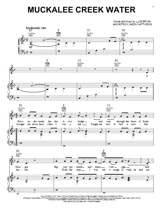 Luke Bryan Muckalee Creek Water Sheet Music Notes & Chords for Piano, Vocal & Guitar (Right-Hand Melody) - Download or Print PDF
