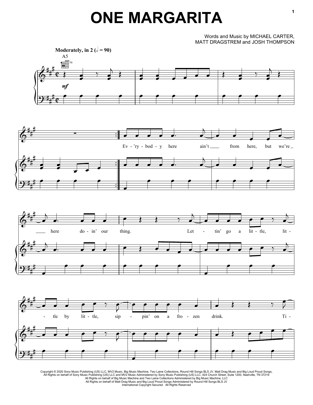 Luke Bryan One Margarita Sheet Music Notes & Chords for Piano, Vocal & Guitar (Right-Hand Melody) - Download or Print PDF