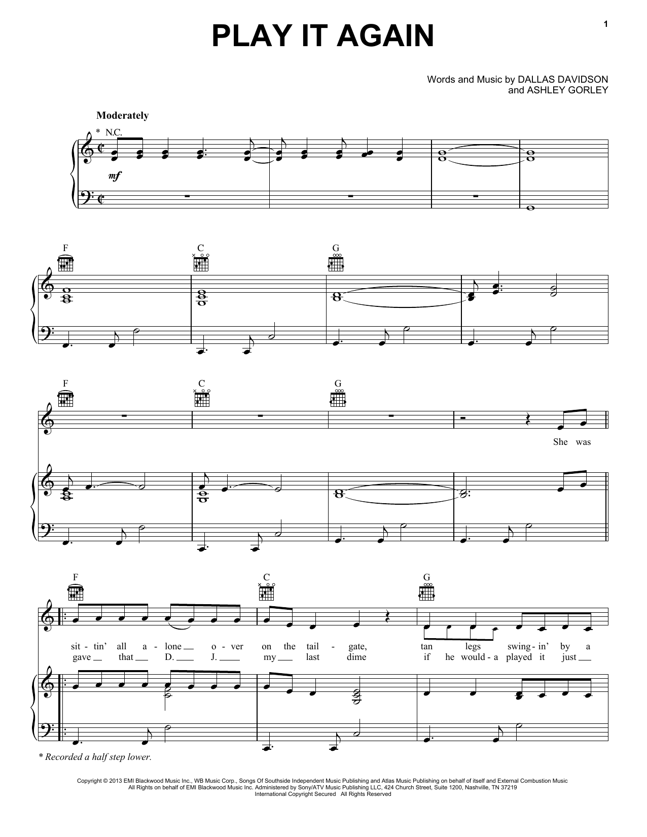 Luke Bryan Play It Again Sheet Music Notes & Chords for Piano, Vocal & Guitar (Right-Hand Melody) - Download or Print PDF