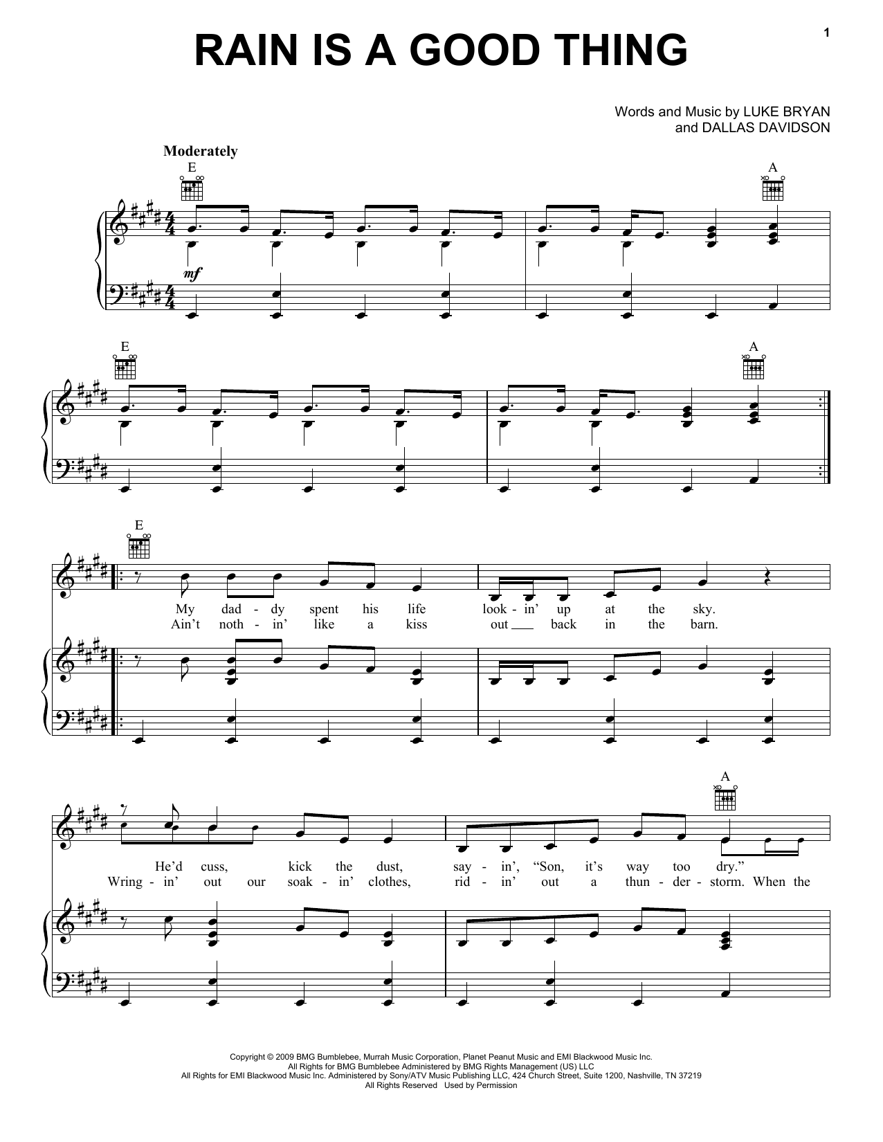 Luke Bryan Rain Is A Good Thing Sheet Music Notes & Chords for Piano, Vocal & Guitar (Right-Hand Melody) - Download or Print PDF