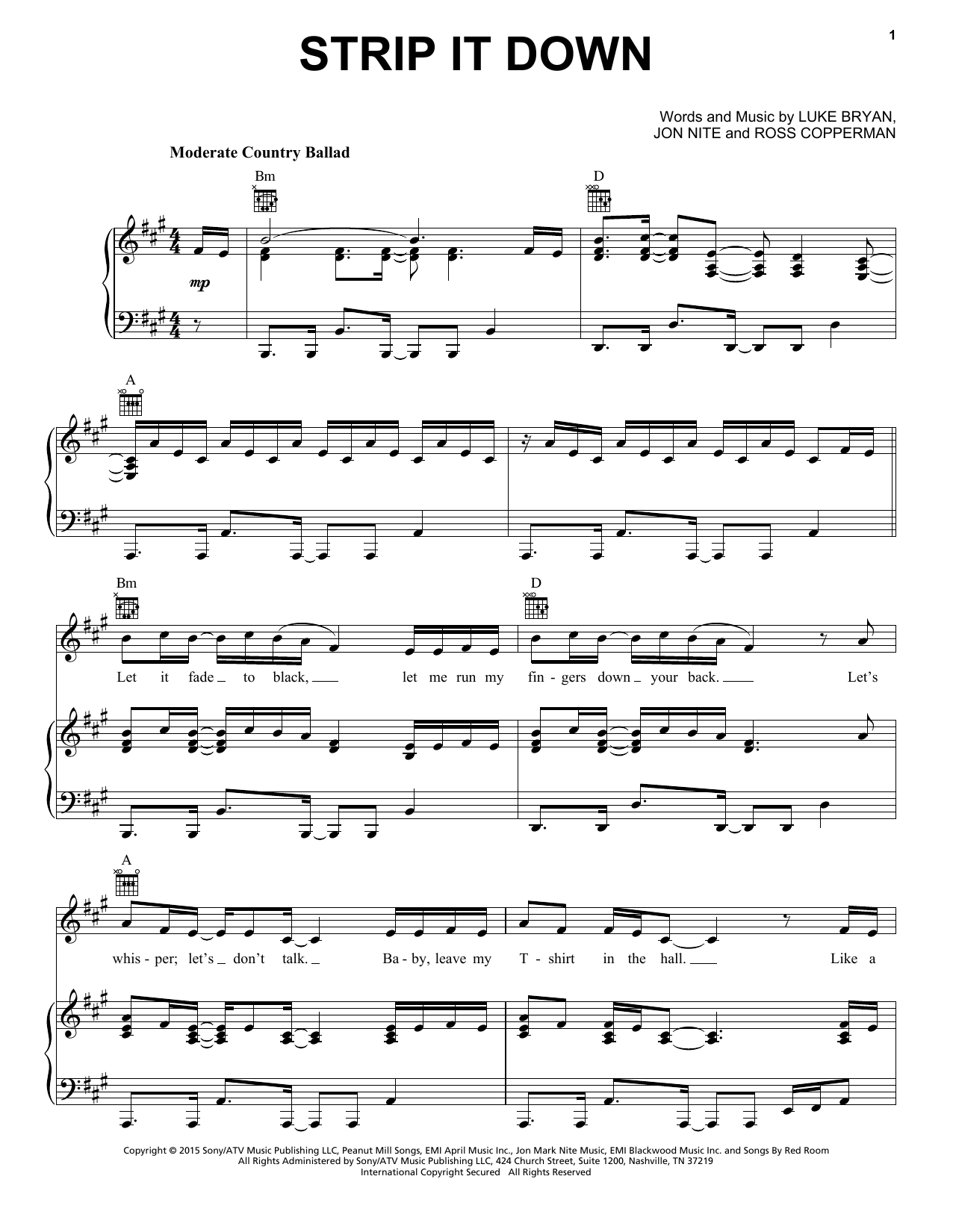 Luke Bryan Strip It Down Sheet Music Notes & Chords for Piano, Vocal & Guitar (Right-Hand Melody) - Download or Print PDF