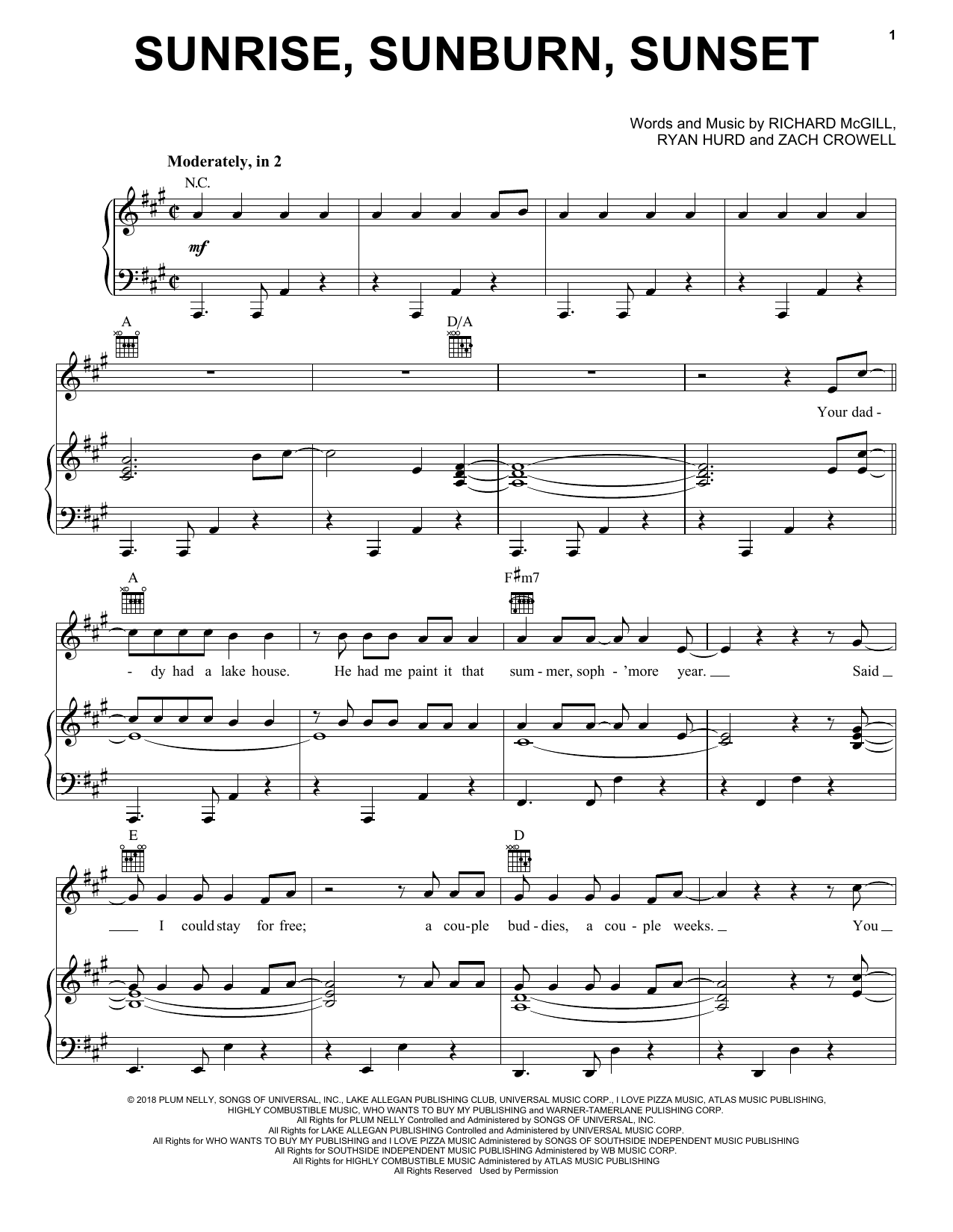 Luke Bryan Sunrise, Sunburn, Sunset Sheet Music Notes & Chords for Piano, Vocal & Guitar (Right-Hand Melody) - Download or Print PDF