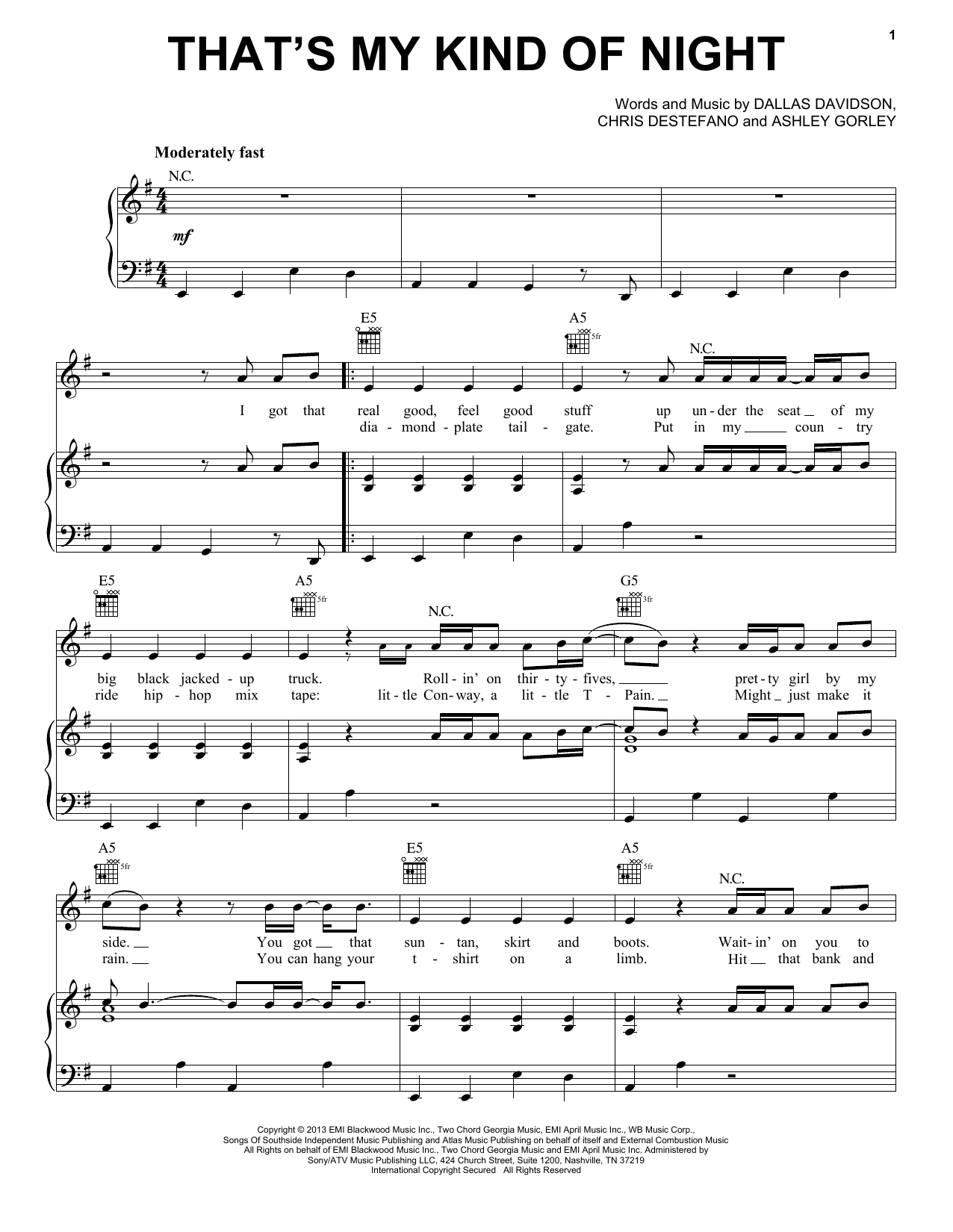 Luke Bryan That's My Kind Of Night Sheet Music Notes & Chords for Piano, Vocal & Guitar (Right-Hand Melody) - Download or Print PDF