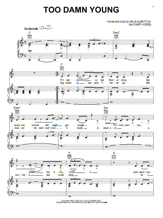 Luke Bryan Too Damn Young Sheet Music Notes & Chords for Piano, Vocal & Guitar (Right-Hand Melody) - Download or Print PDF