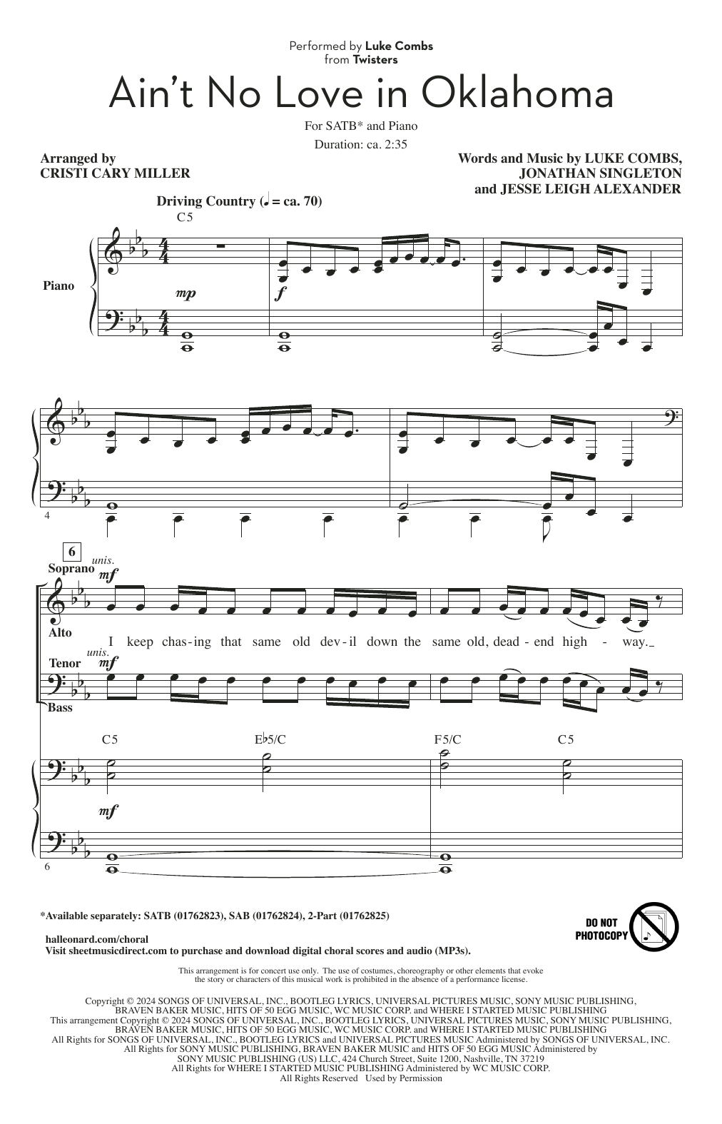 Luke Combs Ain't No Love In Oklahoma (from Twisters) (arr. Cristi Cary Miller) Sheet Music Notes & Chords for SAB Choir - Download or Print PDF