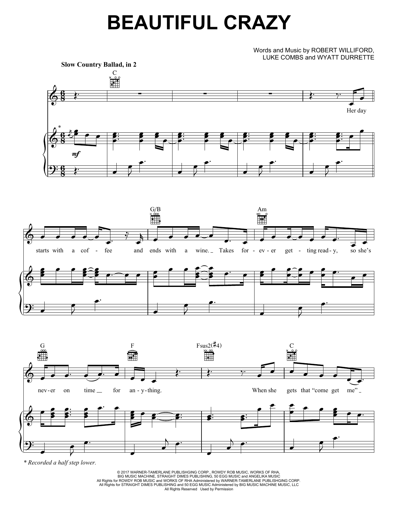 Luke Combs Beautiful Crazy Sheet Music Notes & Chords for Piano, Vocal & Guitar (Right-Hand Melody) - Download or Print PDF