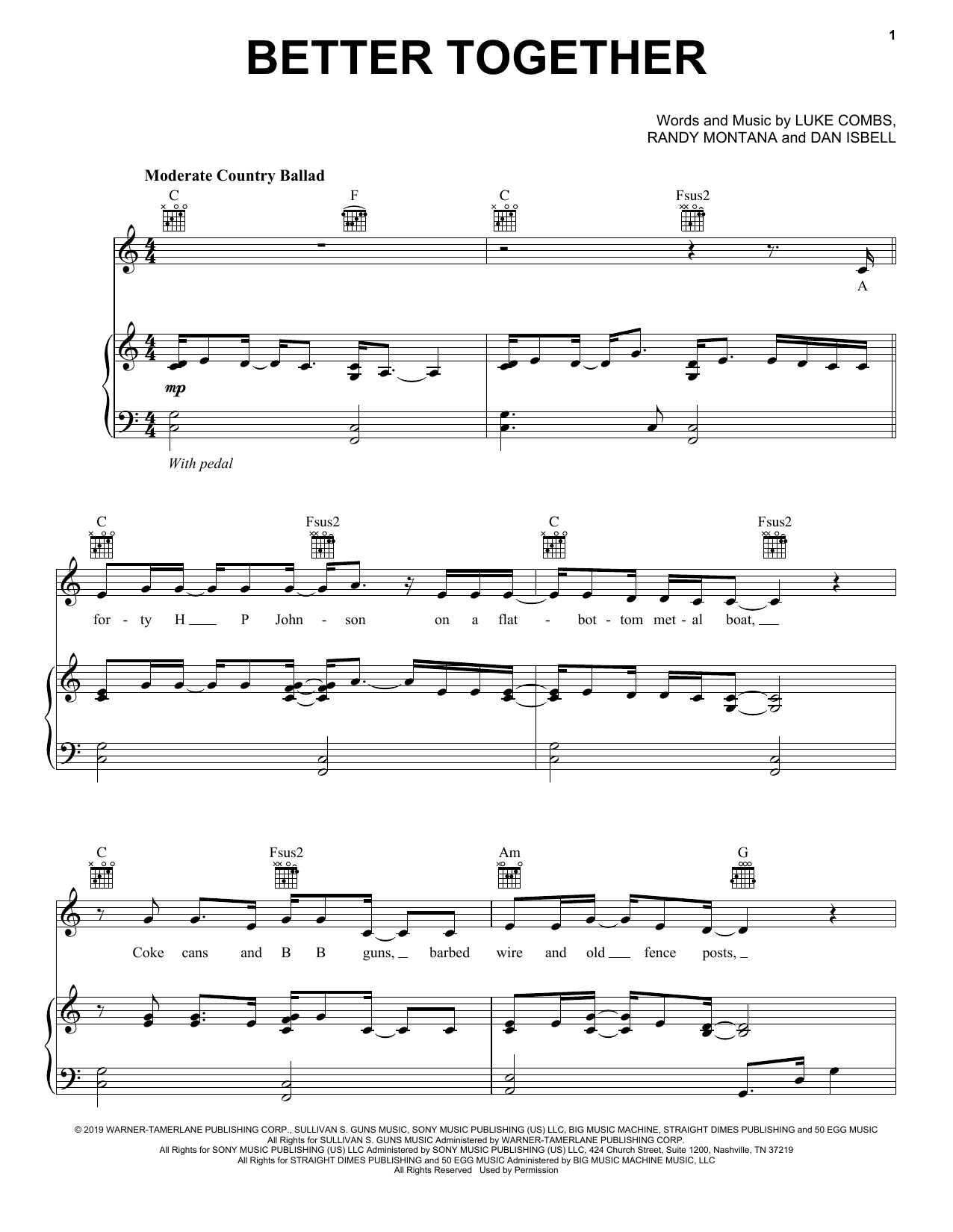 Luke Combs Better Together Sheet Music Notes & Chords for Piano, Vocal & Guitar (Right-Hand Melody) - Download or Print PDF