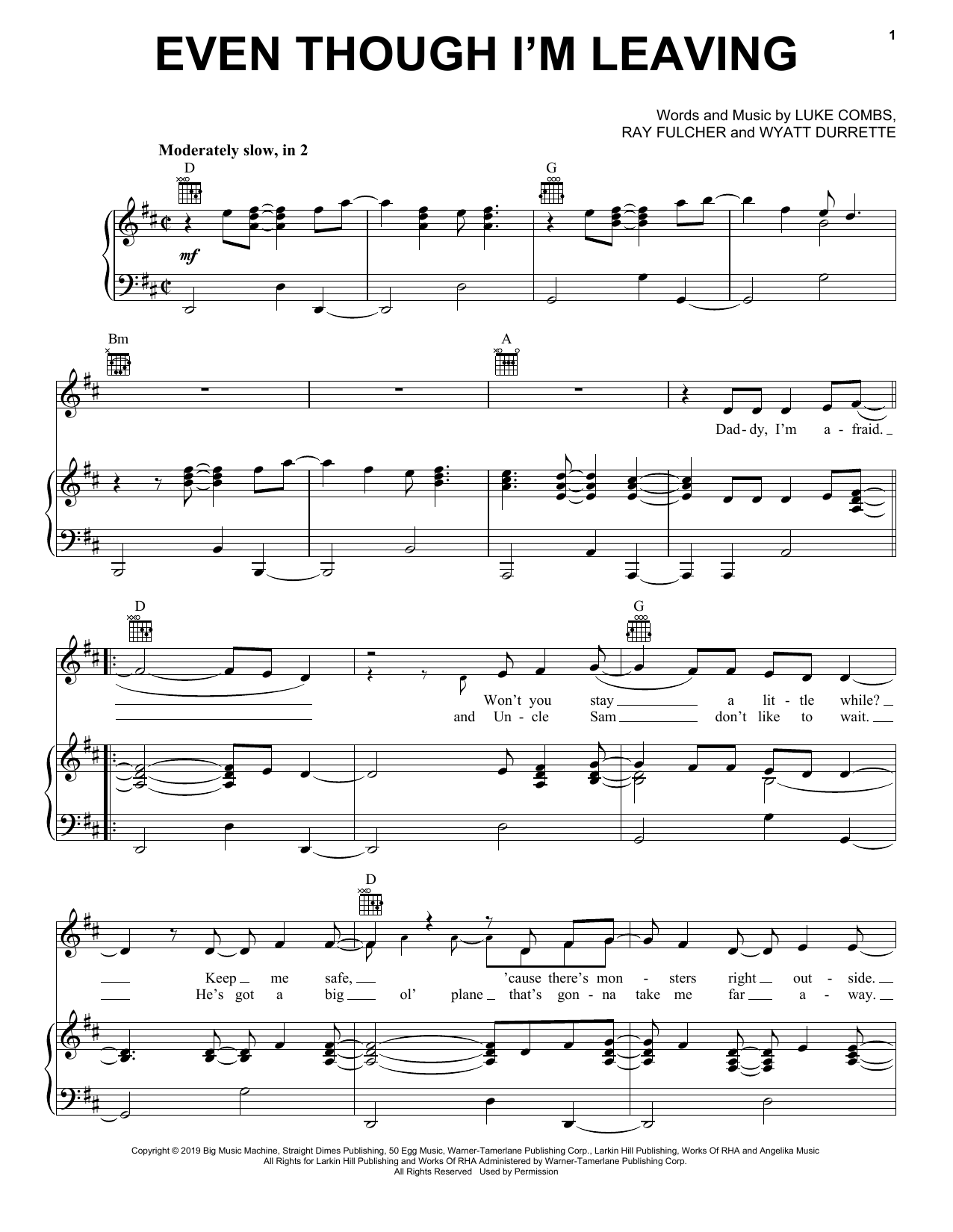Luke Combs Even Though I'm Leaving Sheet Music Notes & Chords for Piano, Vocal & Guitar (Right-Hand Melody) - Download or Print PDF