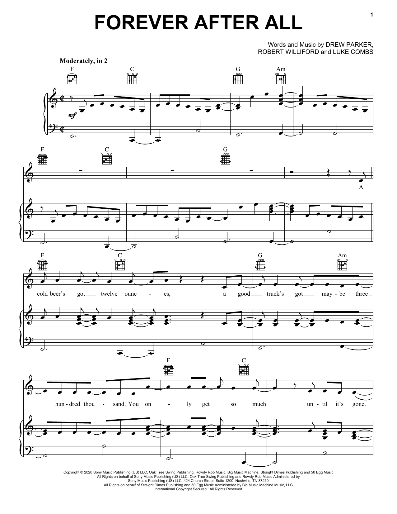 Luke Combs Forever After All Sheet Music Notes & Chords for Piano, Vocal & Guitar (Right-Hand Melody) - Download or Print PDF