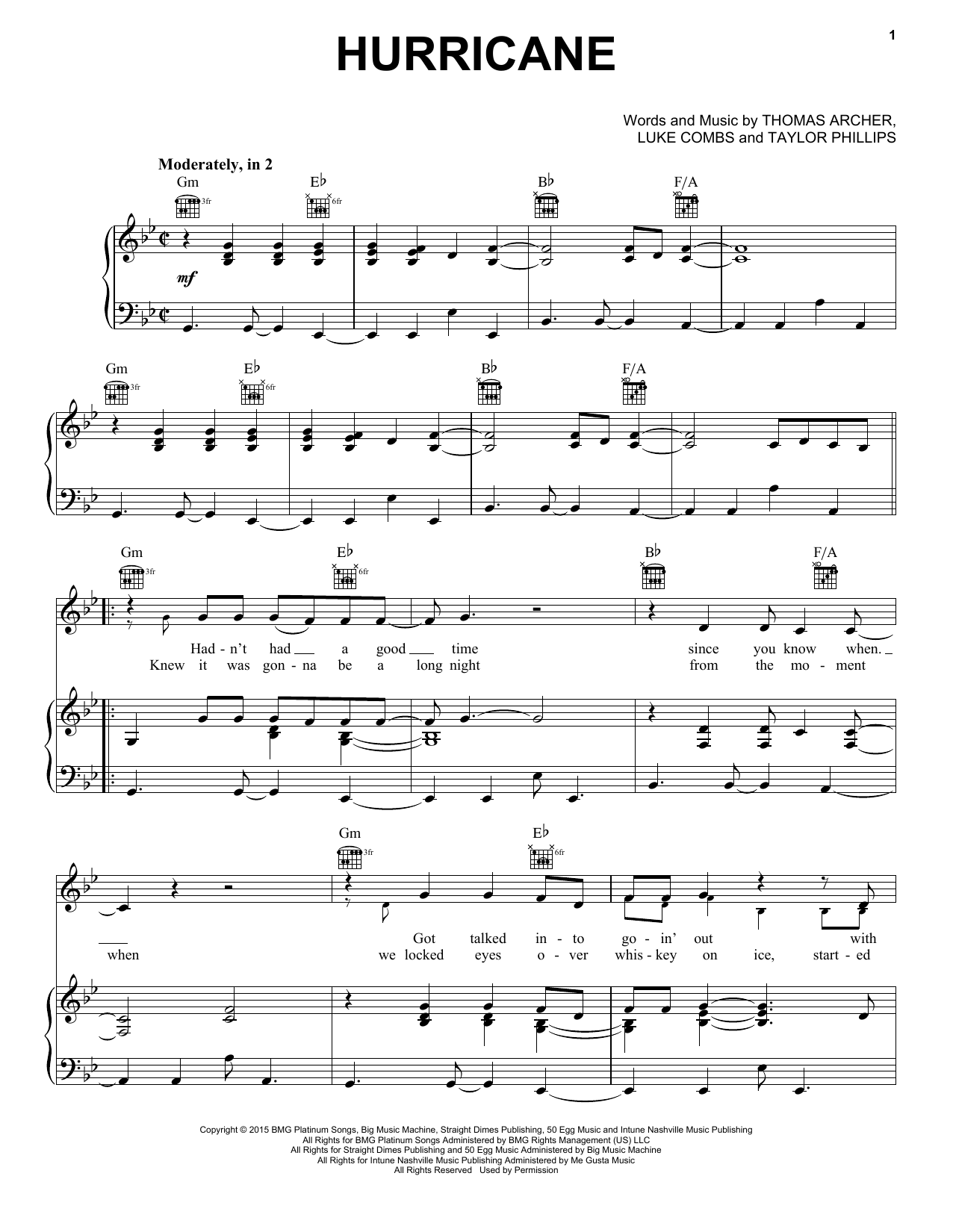 Luke Combs Hurricane Sheet Music Notes & Chords for Piano, Vocal & Guitar (Right-Hand Melody) - Download or Print PDF
