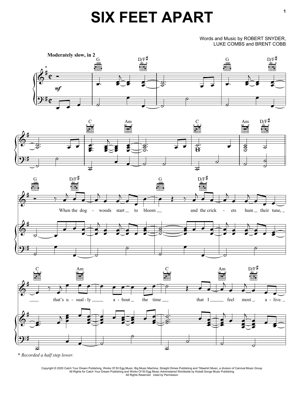 Luke Combs Six Feet Apart Sheet Music Notes & Chords for Piano, Vocal & Guitar (Right-Hand Melody) - Download or Print PDF