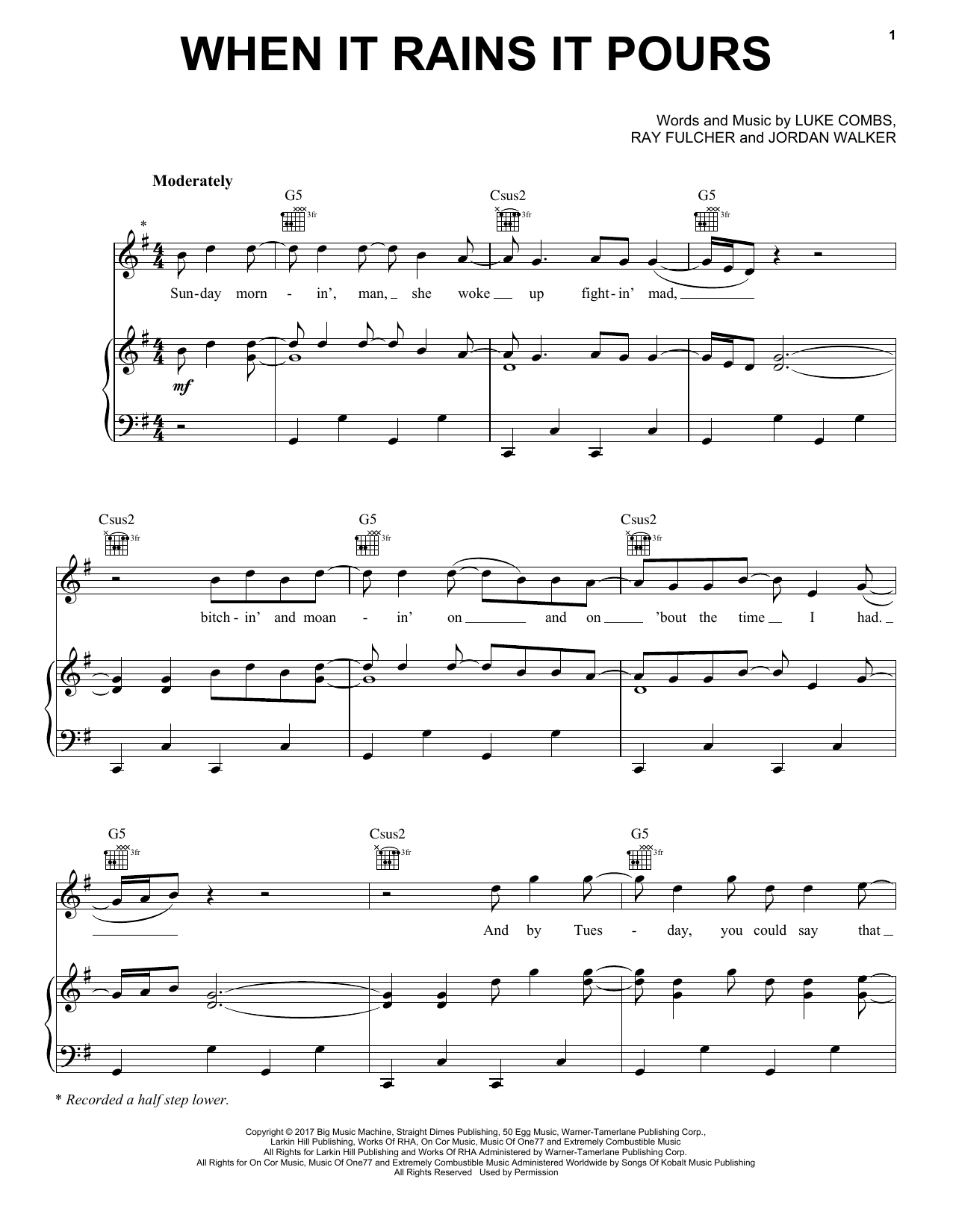 Luke Combs When It Rains It Pours Sheet Music Notes & Chords for Piano, Vocal & Guitar (Right-Hand Melody) - Download or Print PDF