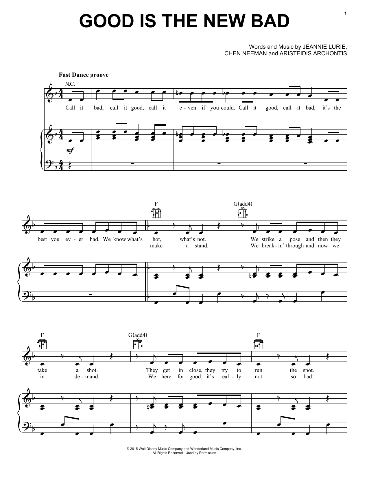 Lurie, Neeman, & Archontis Good Is The New Bad (from Disney's Descendants) Sheet Music Notes & Chords for Piano, Vocal & Guitar (Right-Hand Melody) - Download or Print PDF