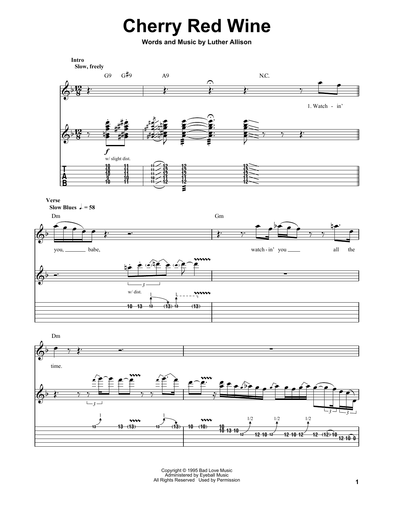 Luther Allison Cherry Red Wine Sheet Music Notes & Chords for Guitar Tab (Single Guitar) - Download or Print PDF