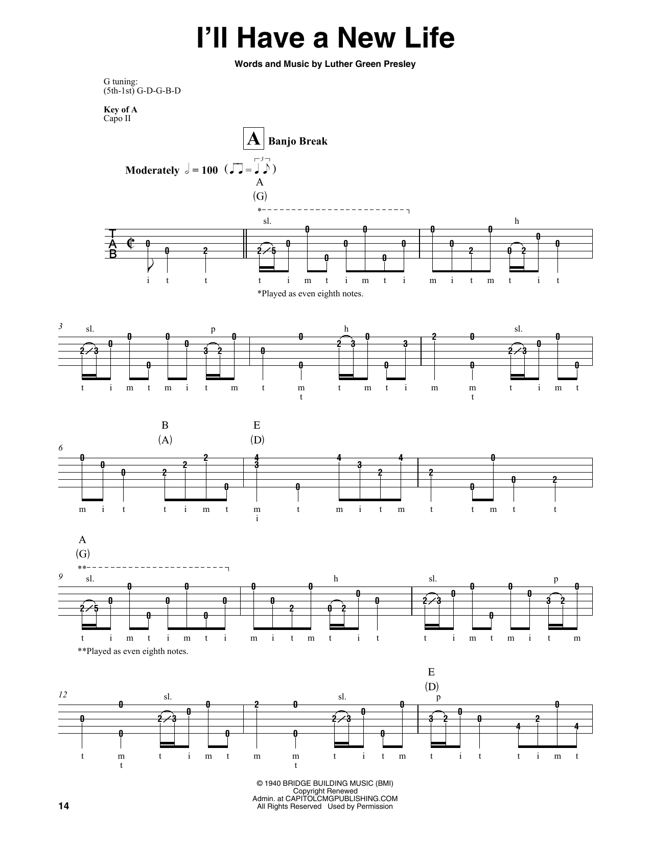 Luther Green Presley I'll Have A New Life Sheet Music Notes & Chords for Banjo Tab - Download or Print PDF