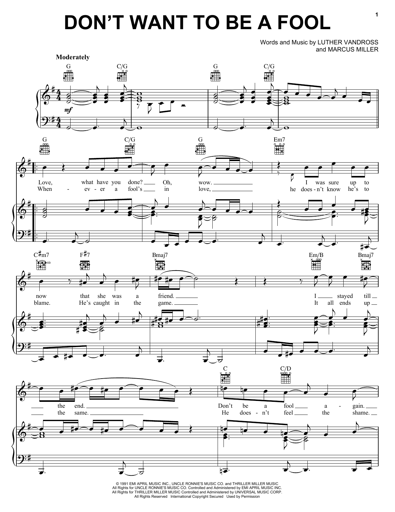 Luther Vandross Don't Want To Be A Fool Sheet Music Notes & Chords for Piano, Vocal & Guitar (Right-Hand Melody) - Download or Print PDF