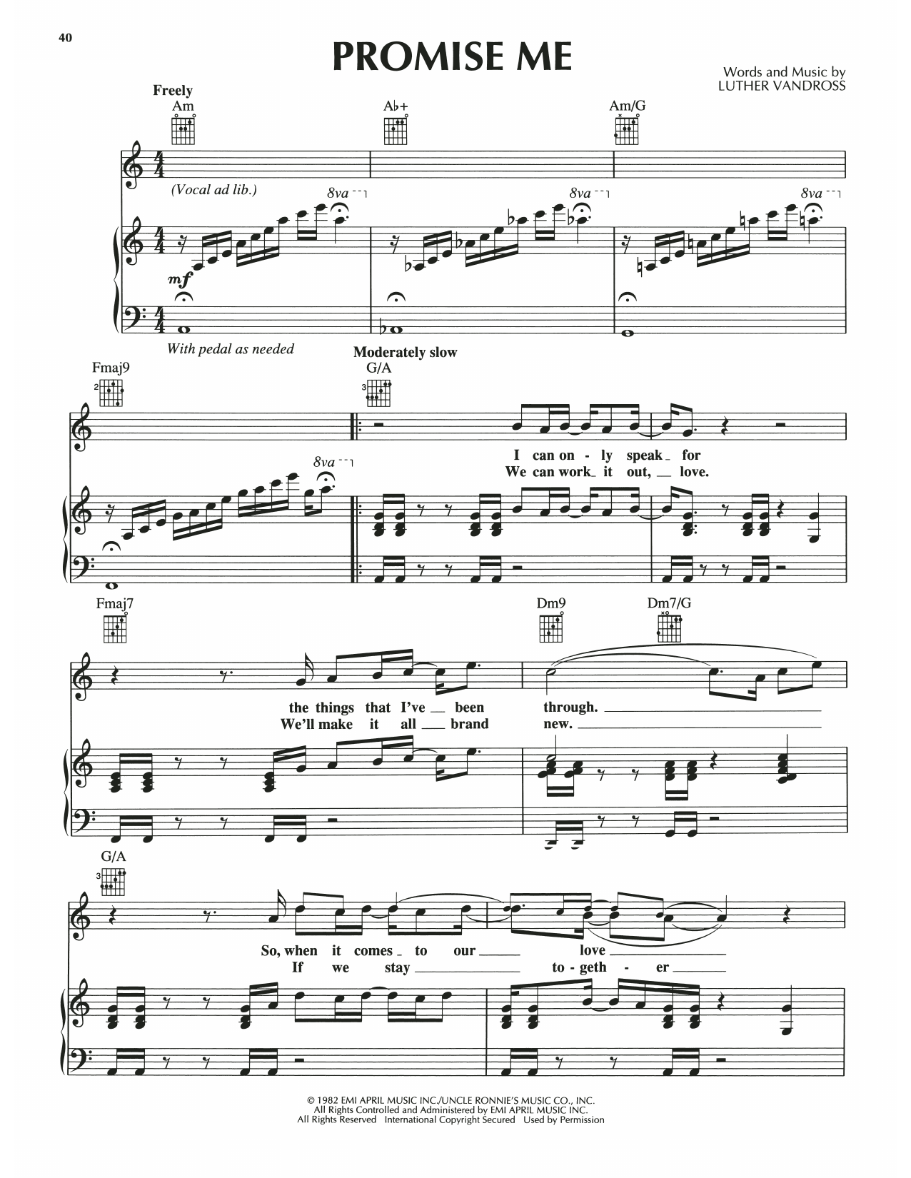 Luther Vandross Promise Me Sheet Music Notes & Chords for Piano, Vocal & Guitar Chords (Right-Hand Melody) - Download or Print PDF