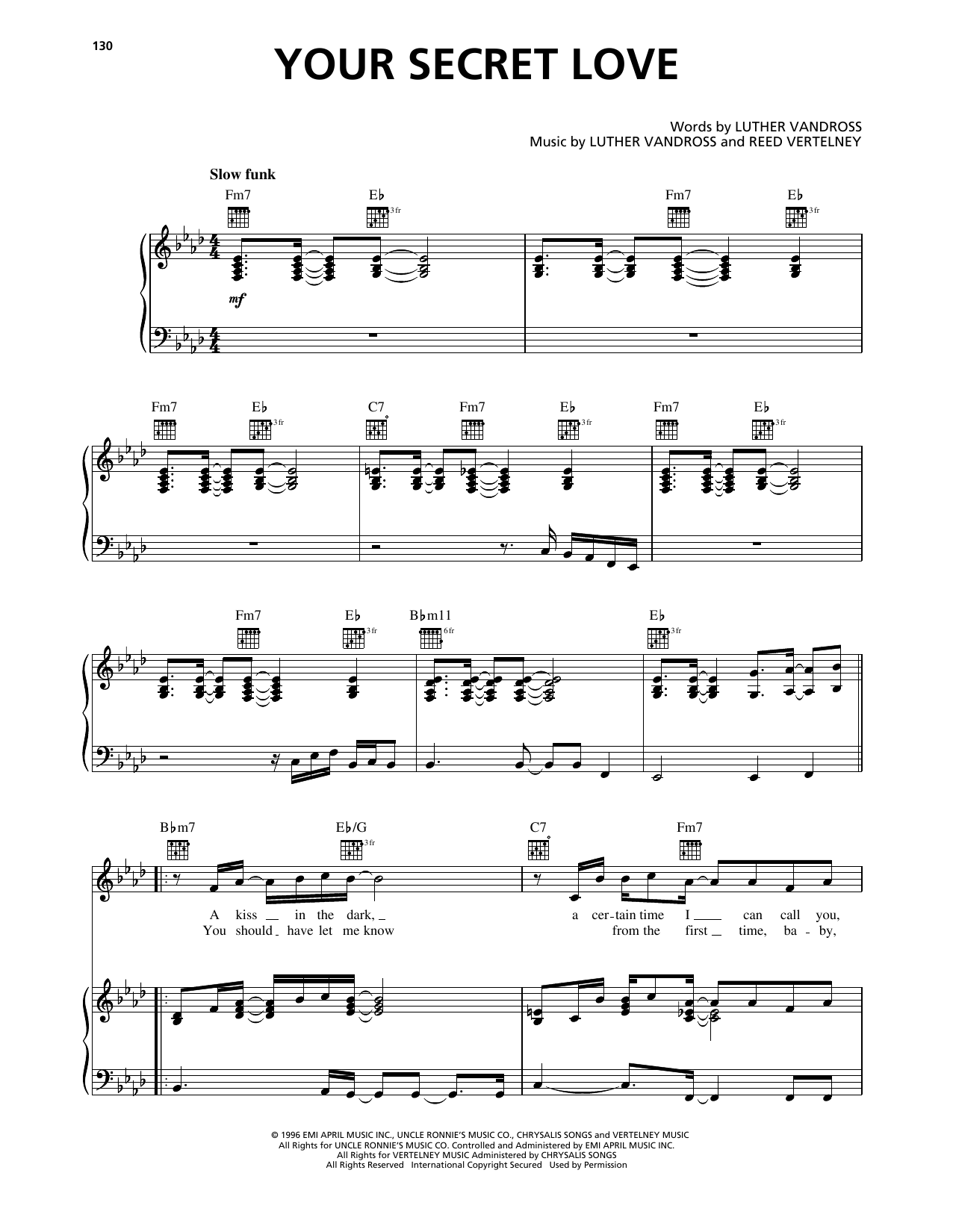 Luther Vandross Your Secret Love Sheet Music Notes & Chords for Piano, Vocal & Guitar Chords (Right-Hand Melody) - Download or Print PDF