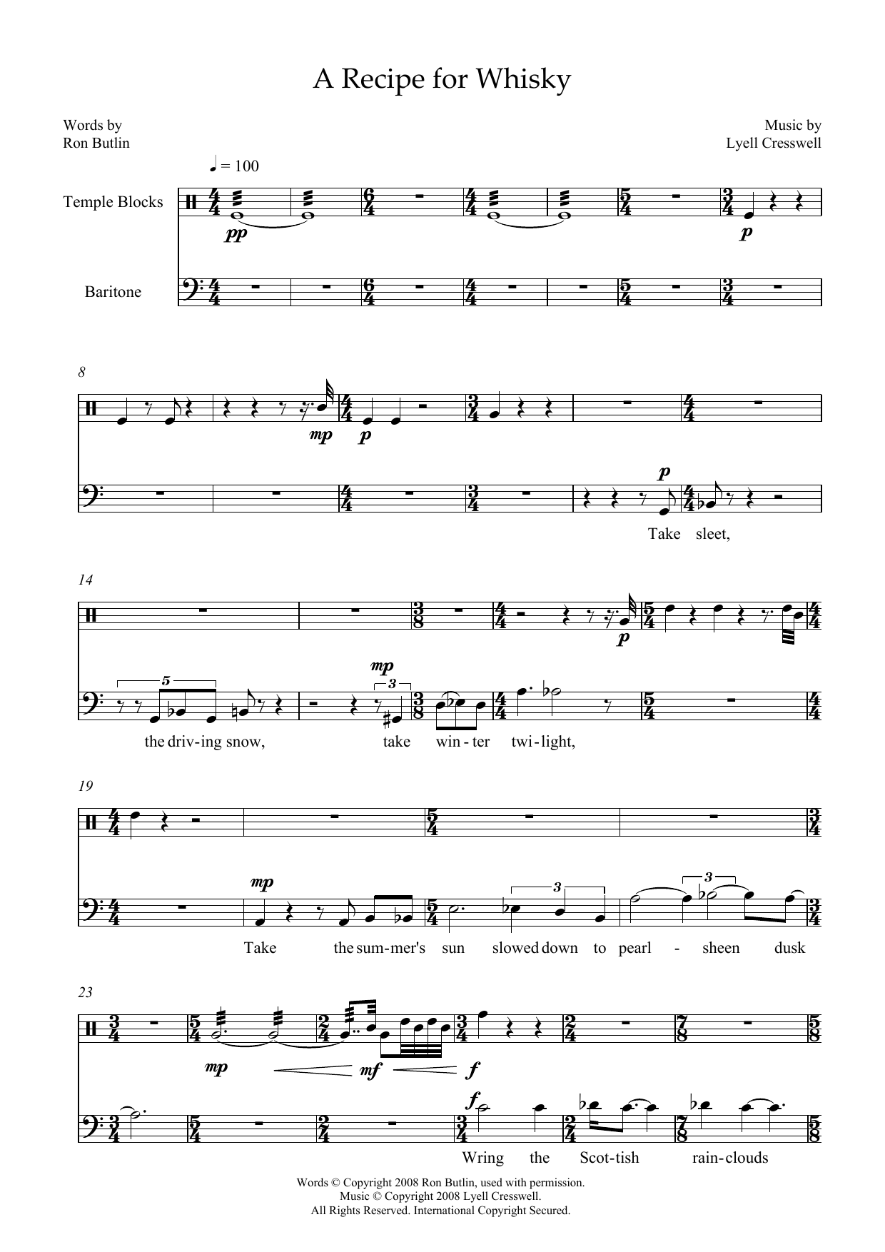Lyell Cresswell A Recipe for Whisky (for baritone and temple blocks) Sheet Music Notes & Chords for Piano & Vocal - Download or Print PDF