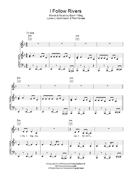 Lykke Li I Follow Rivers Sheet Music Notes & Chords for Piano, Vocal & Guitar (Right-Hand Melody) - Download or Print PDF