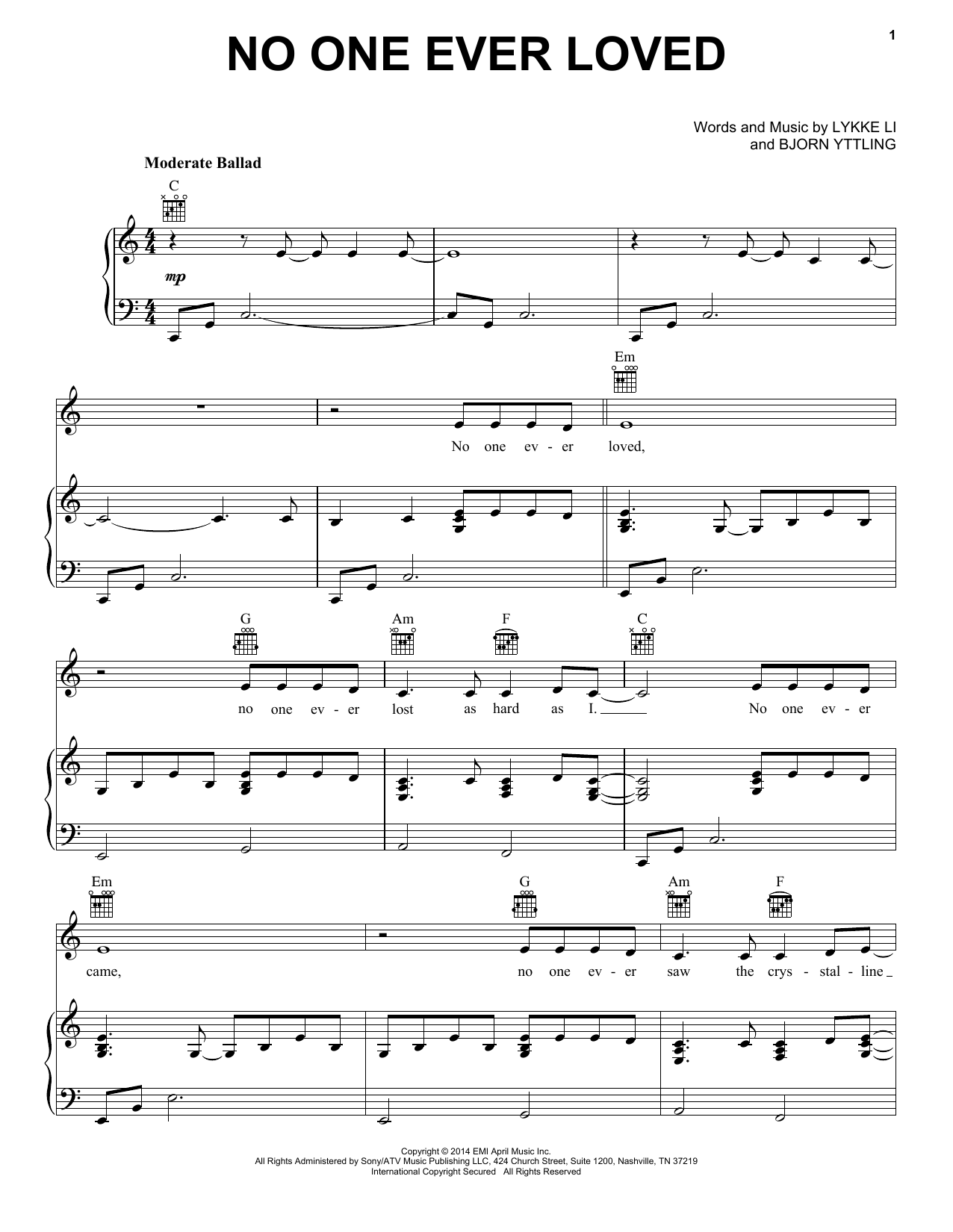 Lykke Li No One Ever Loved Sheet Music Notes & Chords for Piano, Vocal & Guitar (Right-Hand Melody) - Download or Print PDF
