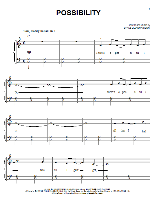 Lykke Li Possibility Sheet Music Notes & Chords for Piano, Vocal & Guitar (Right-Hand Melody) - Download or Print PDF