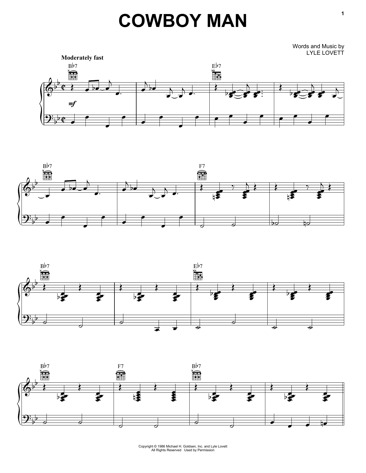 Lyle Lovett Cowboy Man Sheet Music Notes & Chords for Piano, Vocal & Guitar (Right-Hand Melody) - Download or Print PDF