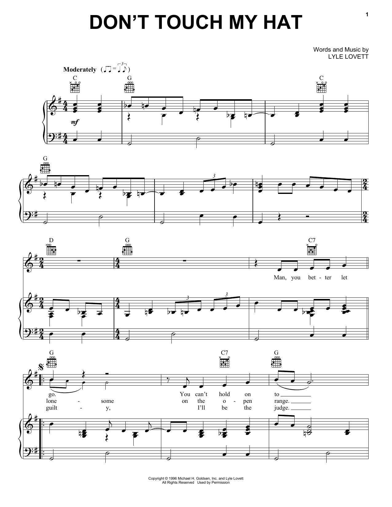 Lyle Lovett Don't Touch My Hat Sheet Music Notes & Chords for Piano, Vocal & Guitar (Right-Hand Melody) - Download or Print PDF