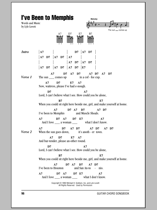 Lyle Lovett I've Been To Memphis Sheet Music Notes & Chords for Piano, Vocal & Guitar (Right-Hand Melody) - Download or Print PDF