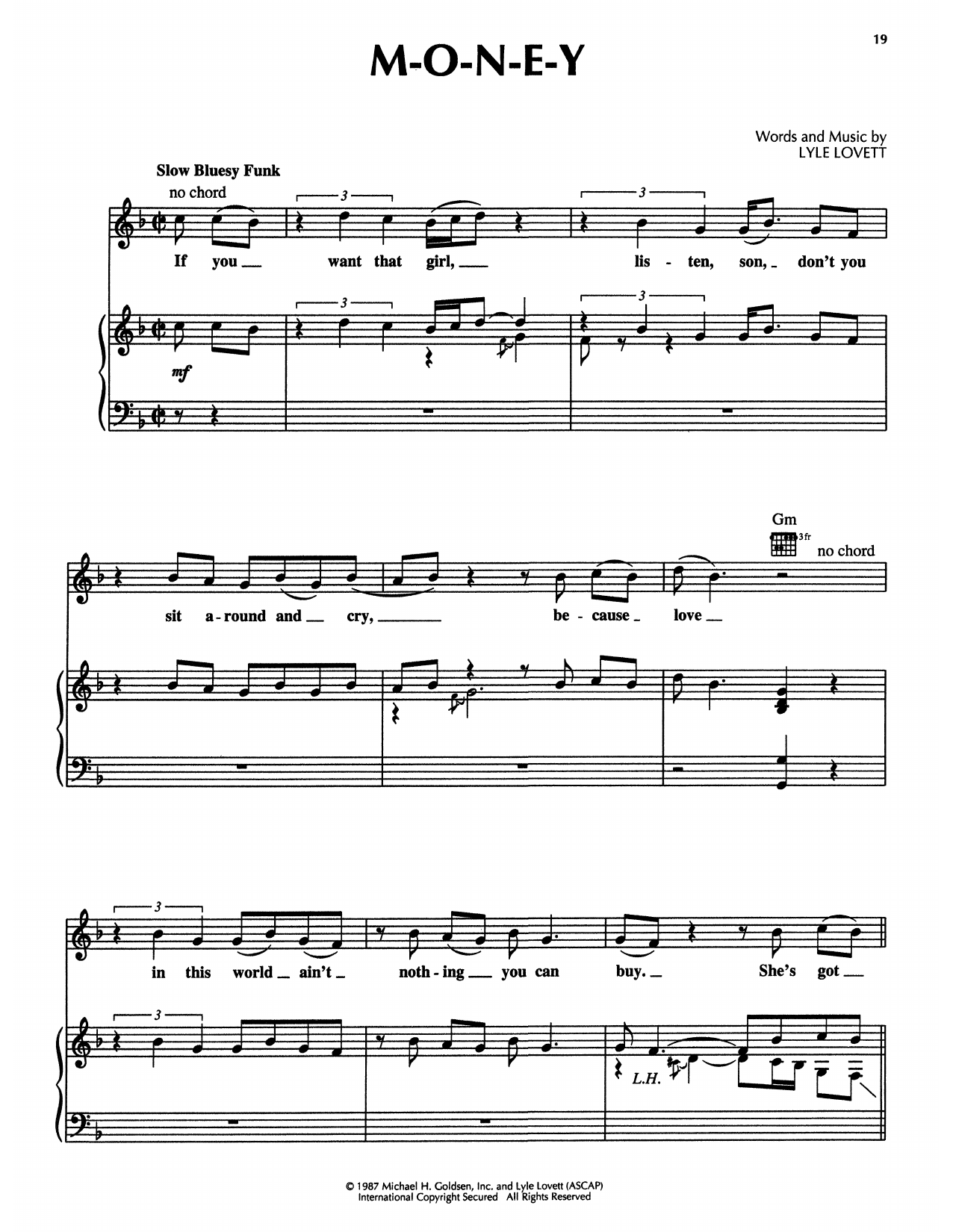 Lyle Lovett M-O-N-E-Y (from The Firm) Sheet Music Notes & Chords for Piano Solo - Download or Print PDF
