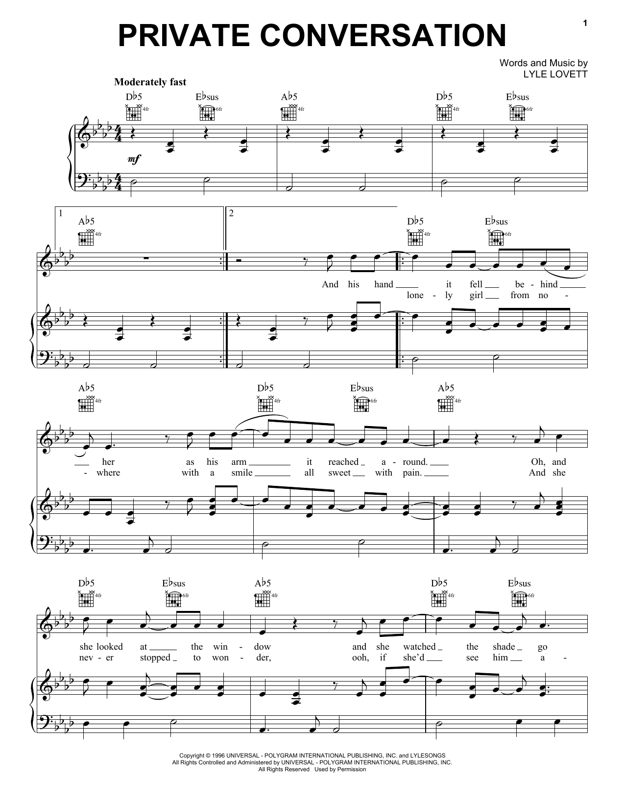 Lyle Lovett Private Conversation Sheet Music Notes & Chords for Piano, Vocal & Guitar (Right-Hand Melody) - Download or Print PDF