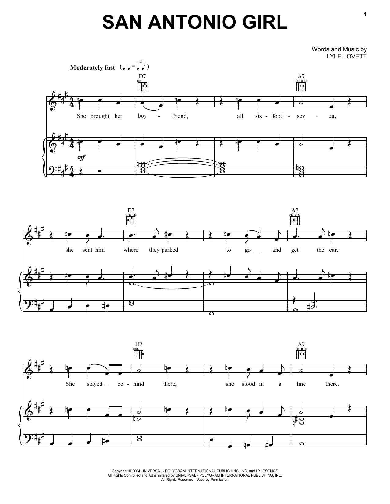 Lyle Lovett San Antonio Girl Sheet Music Notes & Chords for Piano, Vocal & Guitar (Right-Hand Melody) - Download or Print PDF