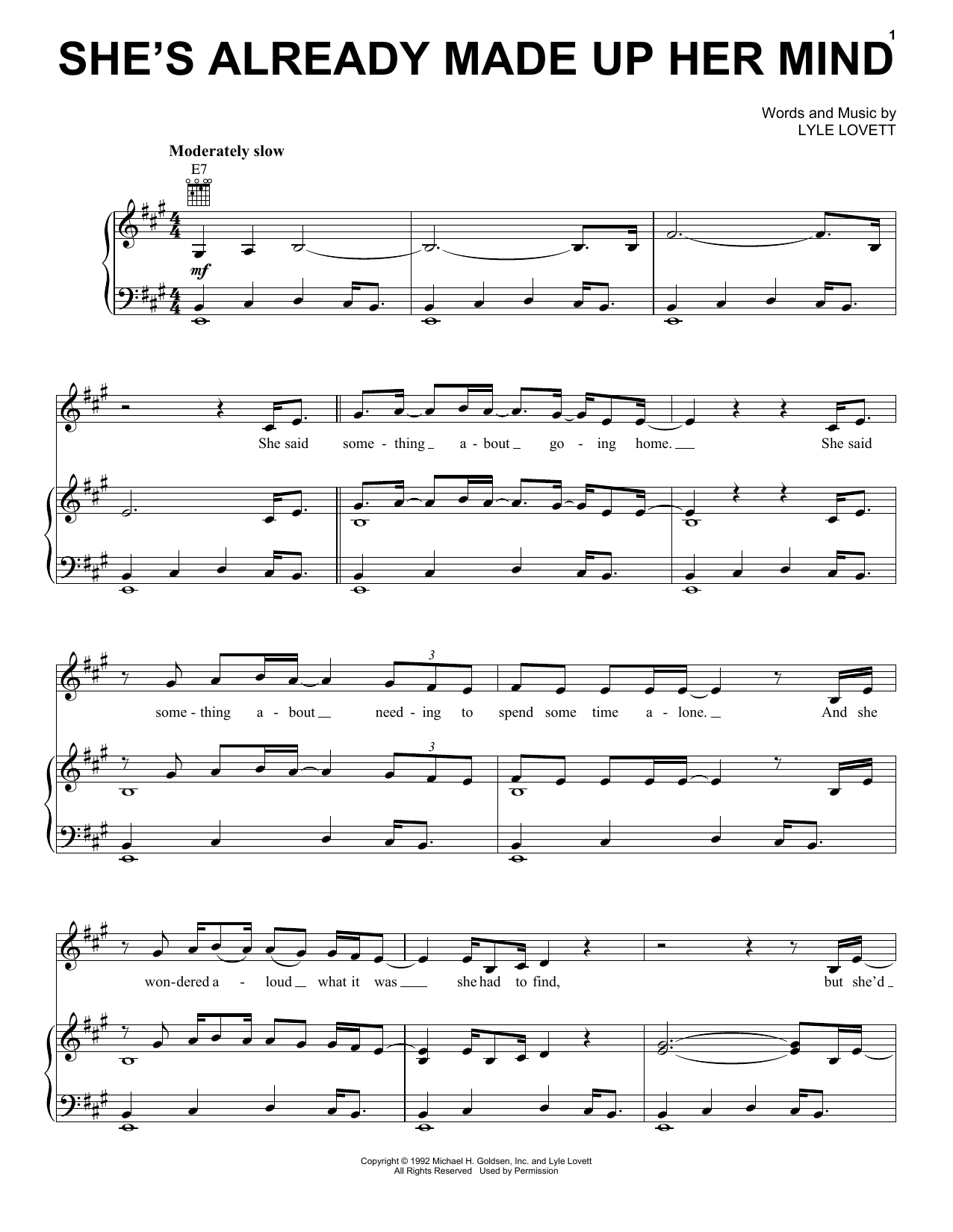 Lyle Lovett She's Already Made Up Her Mind Sheet Music Notes & Chords for Piano, Vocal & Guitar (Right-Hand Melody) - Download or Print PDF Lyle Lovett She's Already Made Up Her Mind Sheet Music Notes & Chords for Piano, Vocal & Guitar (Right-Hand Melody) - Download or Print PDF