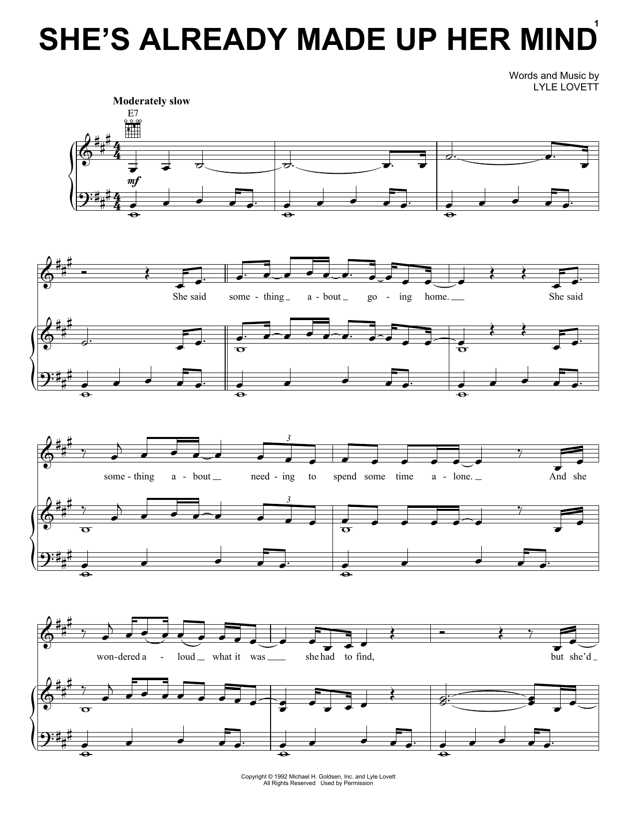 Lyle Lovett She's Already Made Up Her Mind Sheet Music Notes & Chords for Piano, Vocal & Guitar (Right-Hand Melody) - Download or Print PDF