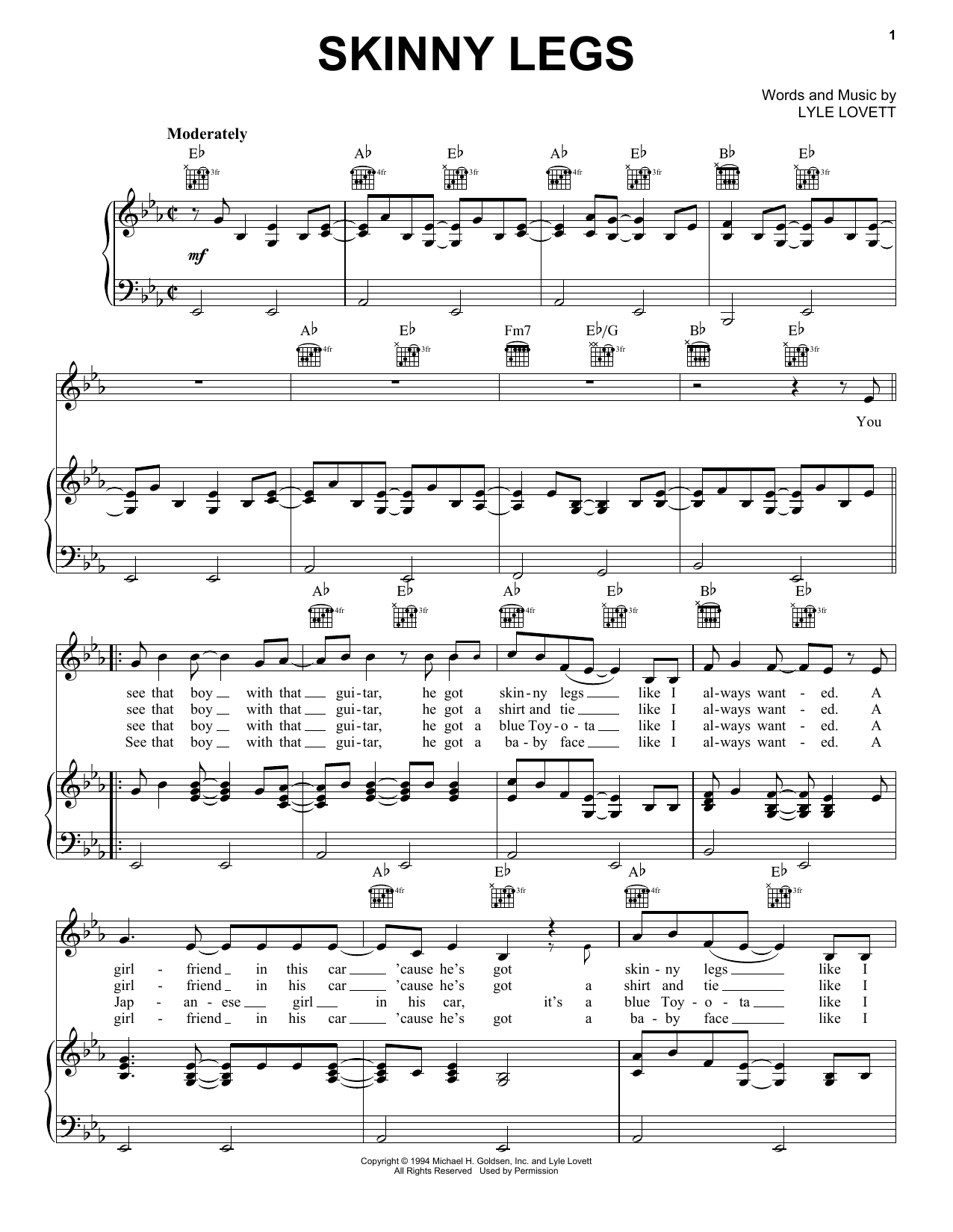 Lyle Lovett Skinny Legs Sheet Music Notes & Chords for Piano, Vocal & Guitar (Right-Hand Melody) - Download or Print PDF