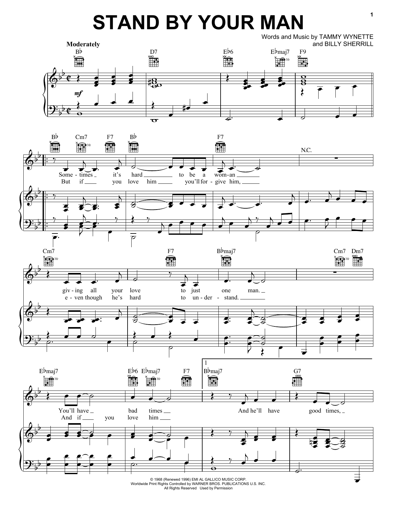 Lyle Lovett Stand By Your Man Sheet Music Notes & Chords for Piano, Vocal & Guitar (Right-Hand Melody) - Download or Print PDF