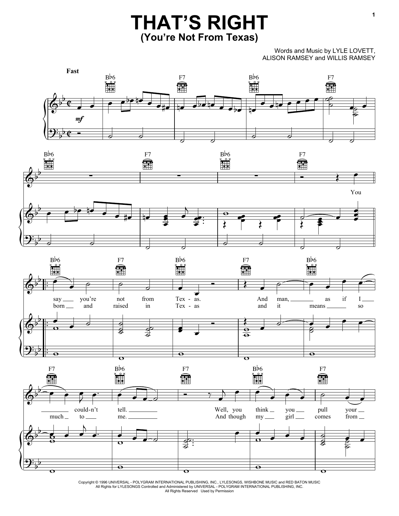 Lyle Lovett That's Right (You're Not From Texas) Sheet Music Notes & Chords for Piano, Vocal & Guitar (Right-Hand Melody) - Download or Print PDF