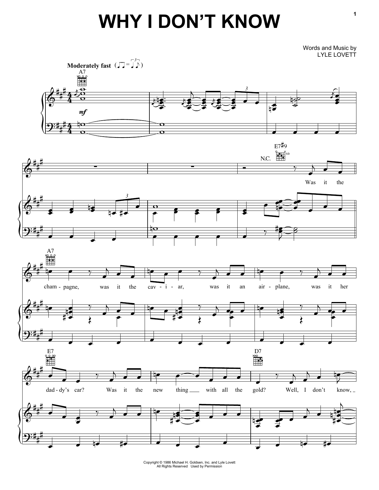 Lyle Lovett Why I Don't Know Sheet Music Notes & Chords for Piano, Vocal & Guitar (Right-Hand Melody) - Download or Print PDF