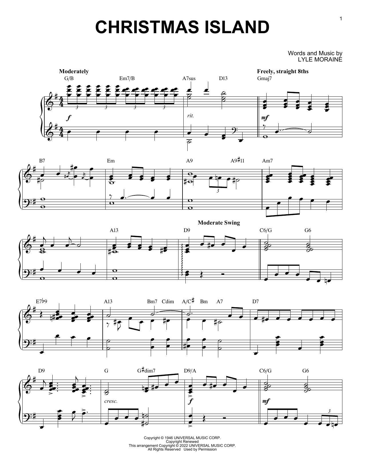 Lyle Moraine Christmas Island (arr. Brent Edstrom) Sheet Music Notes & Chords for Piano Solo - Download or Print PDF