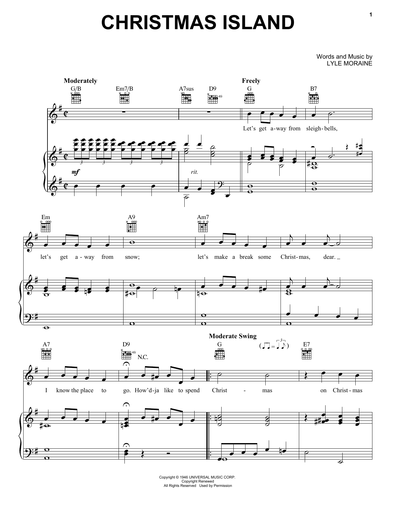 Lyle Moraine Christmas Island Sheet Music Notes & Chords for Piano, Vocal & Guitar (Right-Hand Melody) - Download or Print PDF