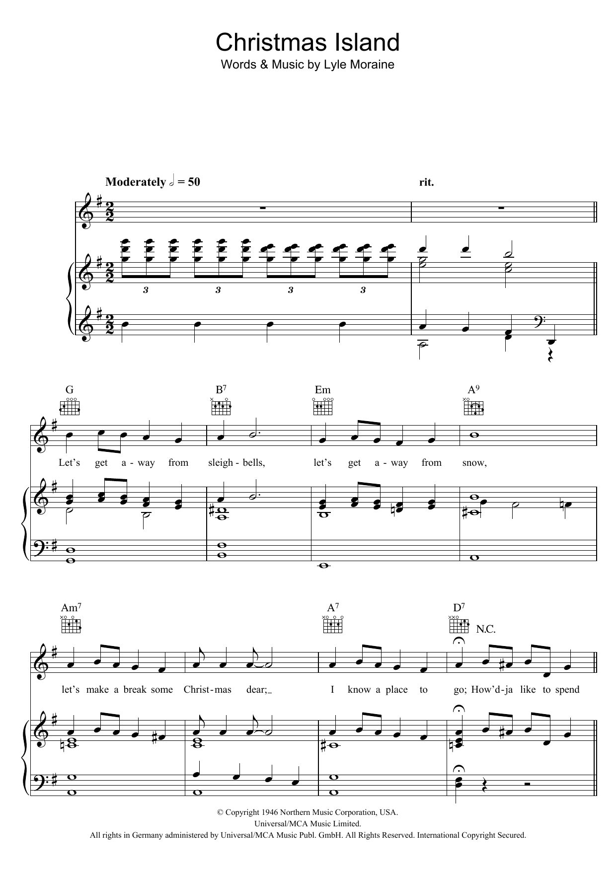 Lyle Moraine Christmas Island Sheet Music Notes & Chords for Piano, Vocal & Guitar (Right-Hand Melody) - Download or Print PDF