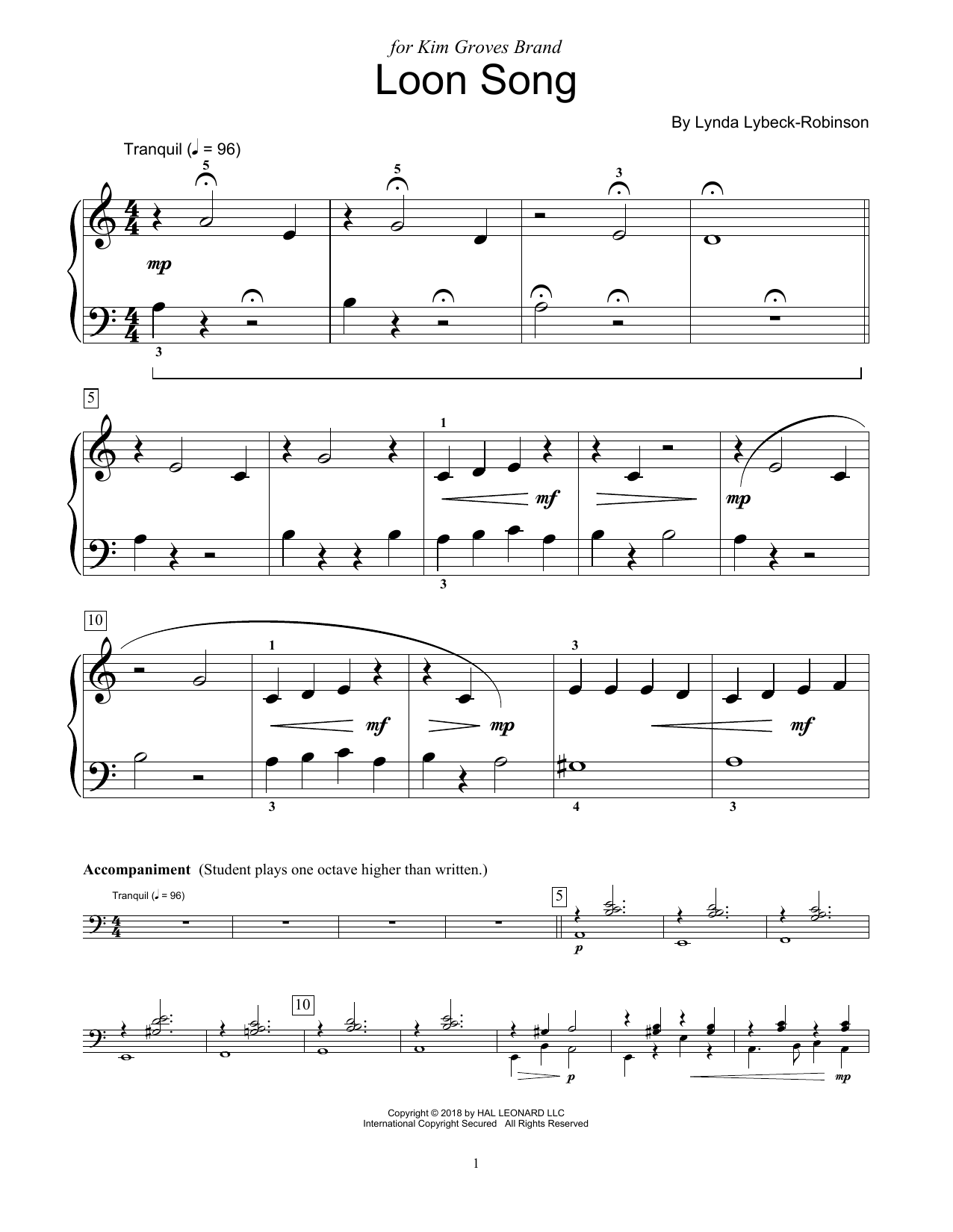 Lynda Lybeck-Robinson Loon Song Sheet Music Notes & Chords for Educational Piano - Download or Print PDF