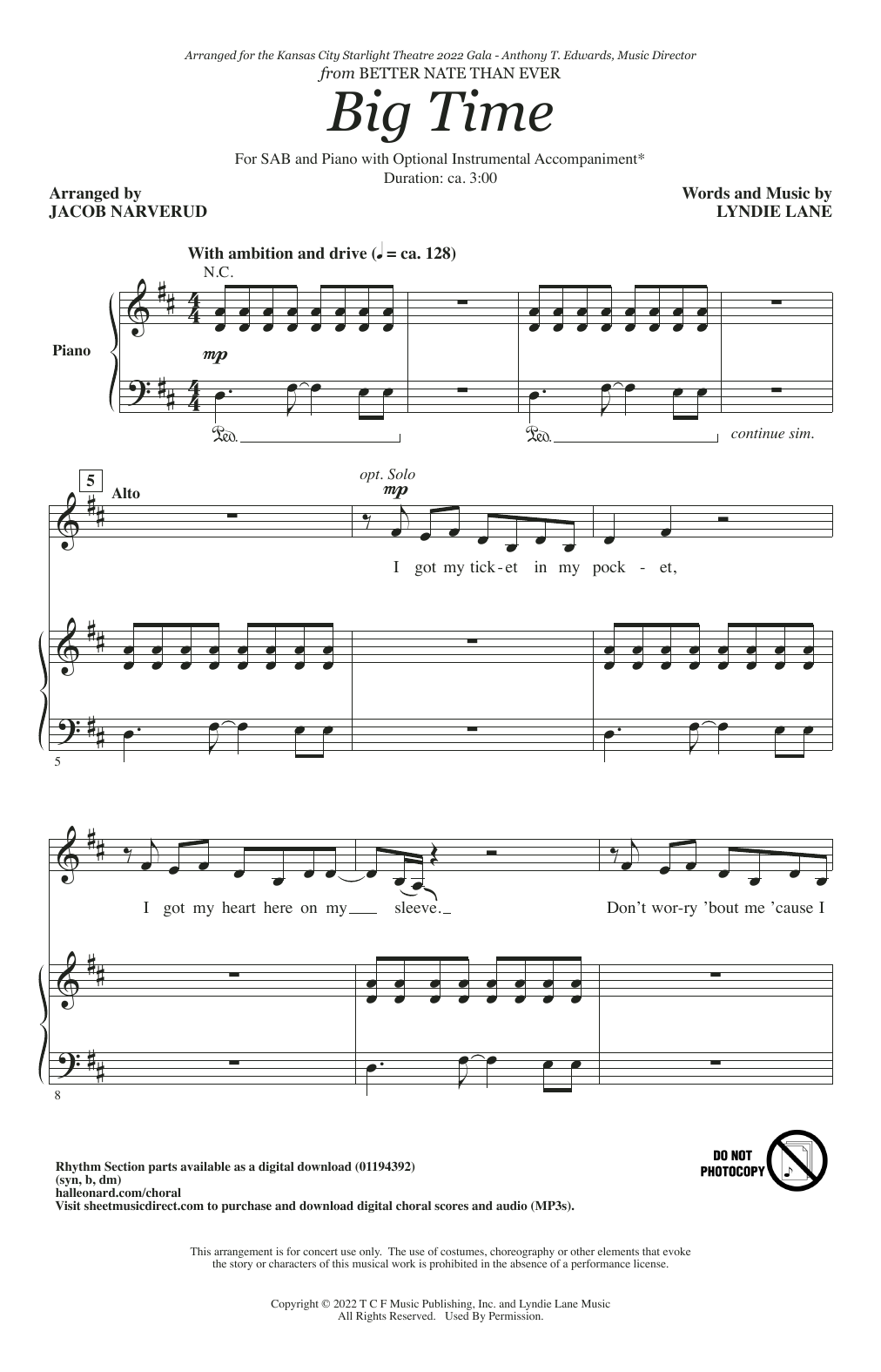 Lyndie Lane Big Time (from Better Nate Than Ever) (arr. Jacob Narverud) Sheet Music Notes & Chords for SAB Choir - Download or Print PDF