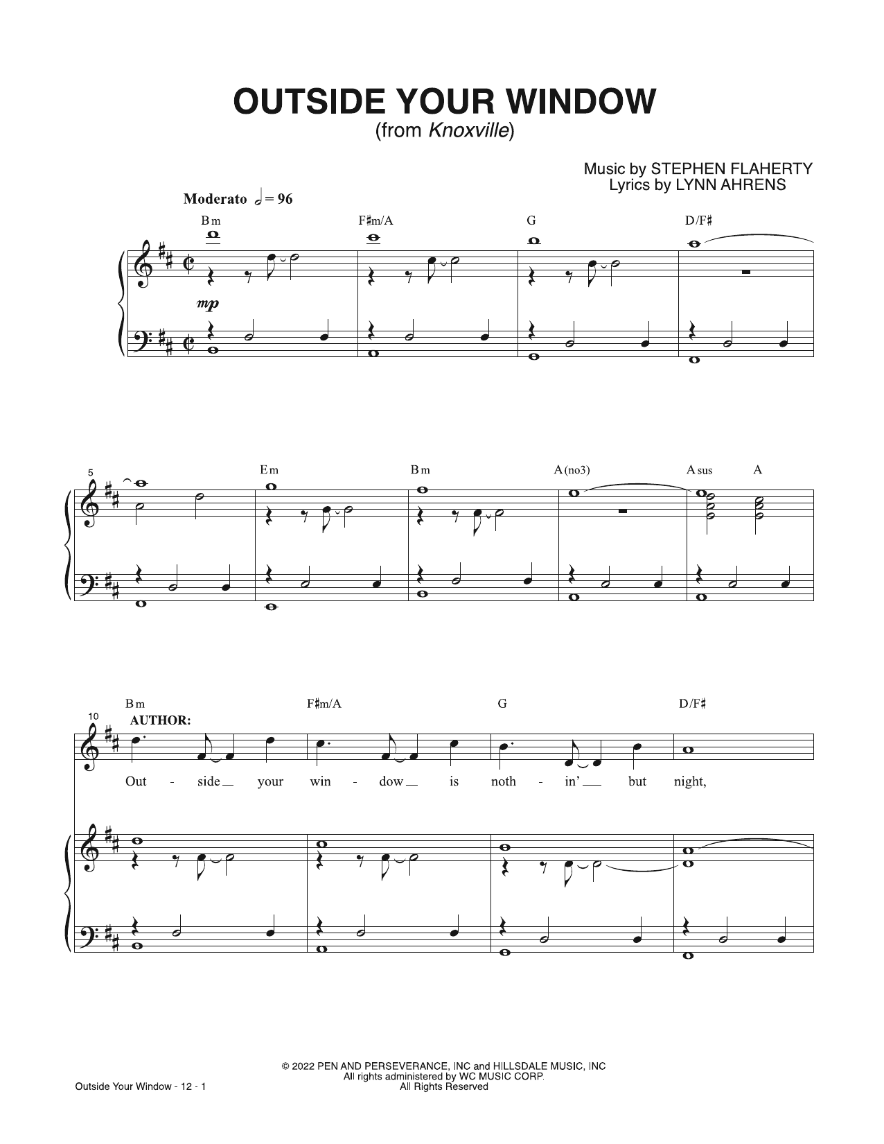 Lynn Ahrens & Stephen Flaherty Outside Your Window (from Knoxville) Sheet Music Notes & Chords for Piano & Vocal - Download or Print PDF