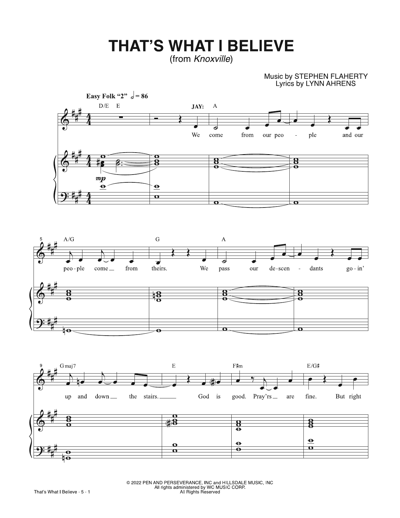 Lynn Ahrens & Stephen Flaherty That's What I Believe (from Knoxville) Sheet Music Notes & Chords for Piano & Vocal - Download or Print PDF