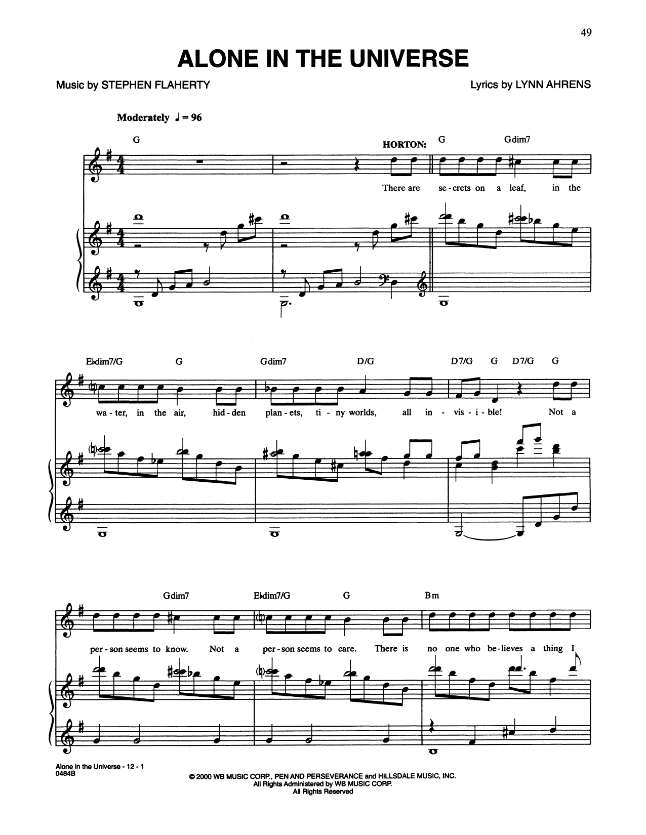 Lynn Ahrens and Stephen Flaherty Alone In The Universe (from Seussical The Musical) Sheet Music Notes & Chords for Piano & Vocal - Download or Print PDF