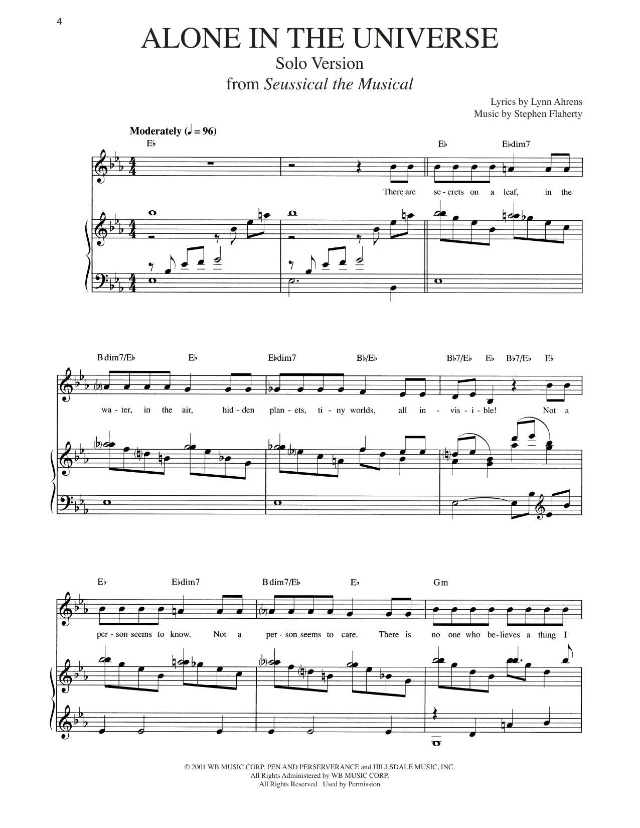 Lynn Ahrens and Stephen Flaherty Alone In The Universe [Solo version] (from Seussical The Musical) Sheet Music Notes & Chords for Piano & Vocal - Download or Print PDF